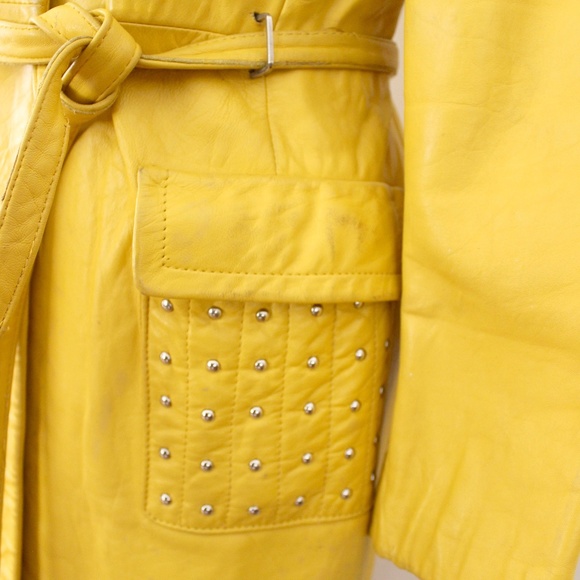 1960s vintage  manteau cuir jaune clouté yellow leather studded  jacket coat - Picture 11 of 16